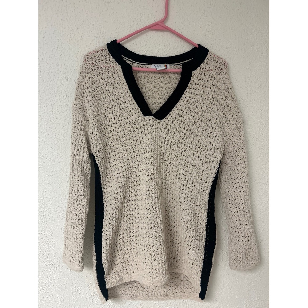 C&C California Women Cream Black Open Knit V-Neck Sweater XS Pullover